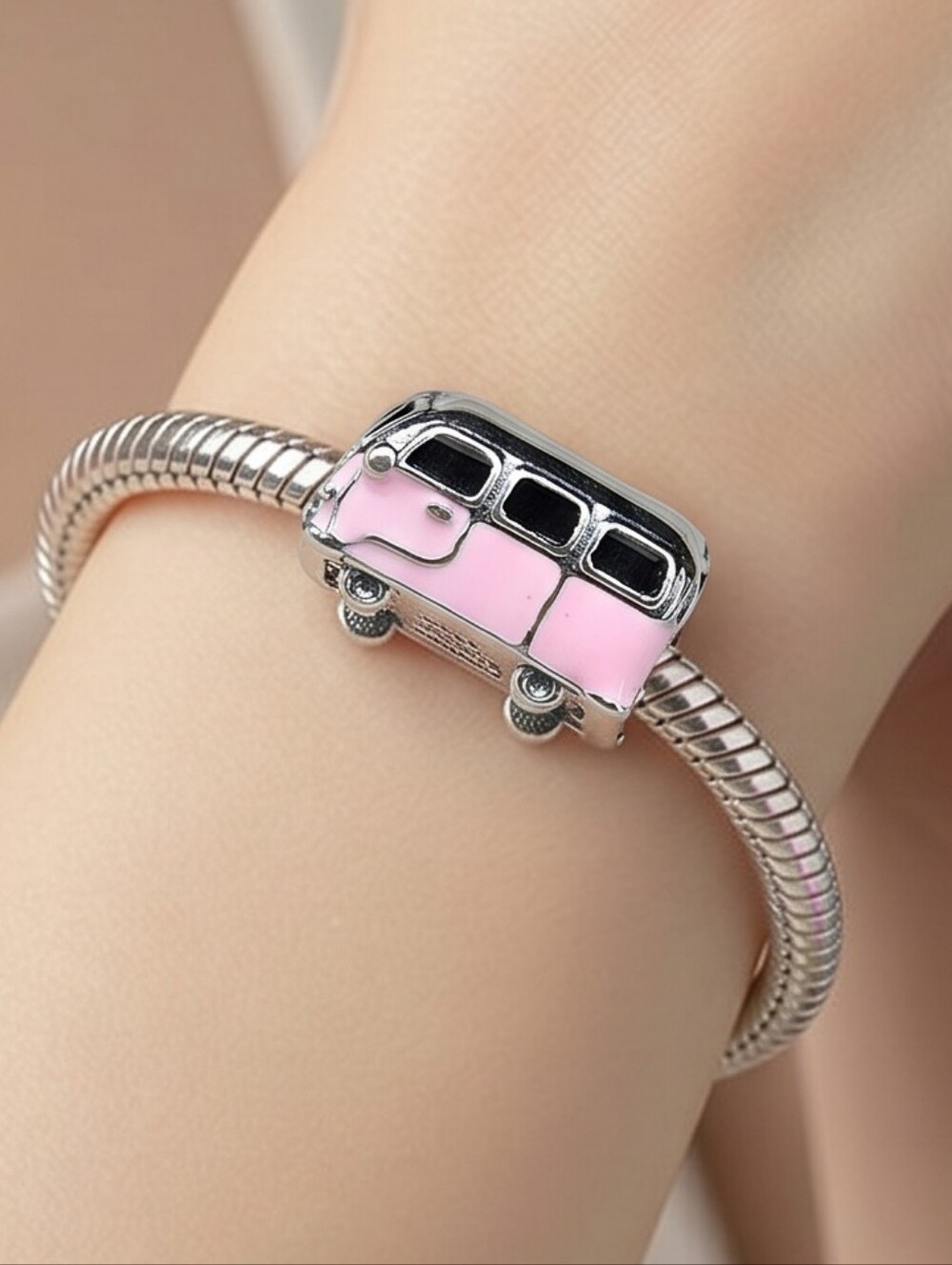 Pink Camper Van 925 Silver Charm Hippie 70s Party Bus Slide-On Bracelet Retro